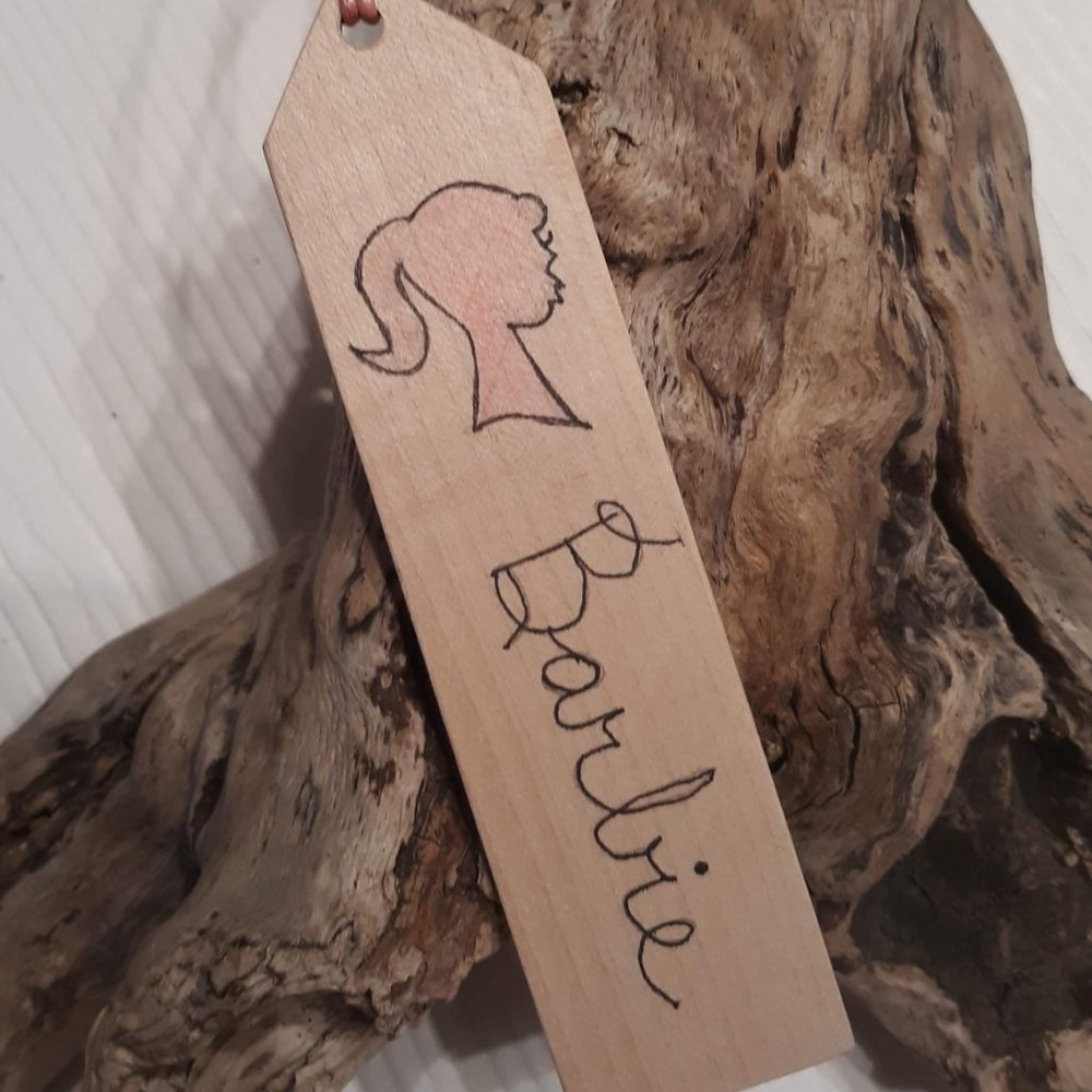 Hand Drawn Barbie Thin Wood Bookmark with Pink Leather Cord